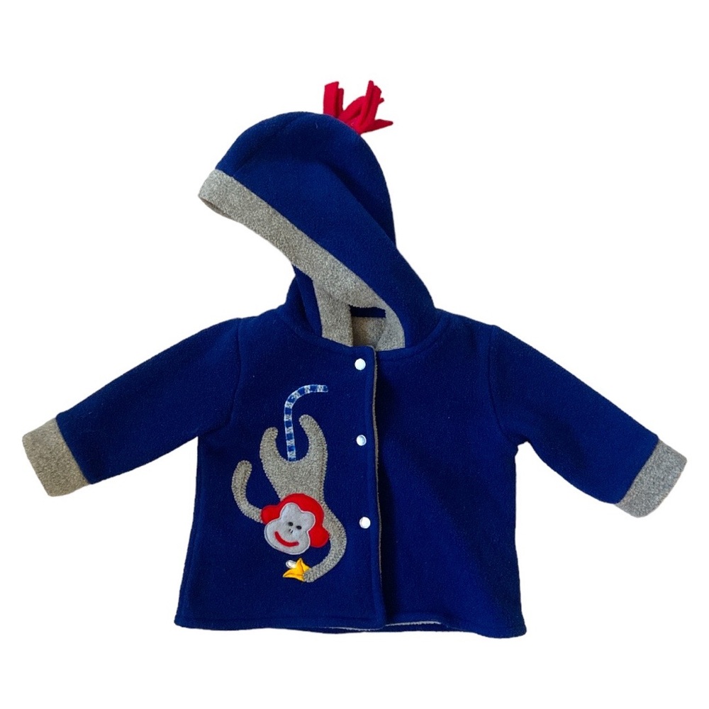 VINTAGE Hoodie Jacket Sweater Sweatshirt ZIP Hood Monkey Animal Blue Fleece